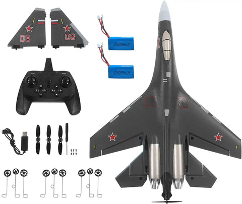 Rad SU-35 Inspired RC Plane With 4CH 2.4G Remote Beginner Friendly Left Hand Throttle 360 Degree Stunts One Key Inversion 375mm Wingspan Hobby Jet Aircraft parts and accessories displayed.