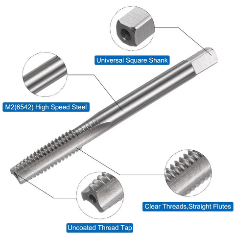 3 Piece Metric Hand Tap Set M8 X 1.25 tapered plug tap made of M2 high speed steel with universal square shank and clear threads.