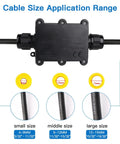Outdoor IP68 Waterproof Junction Box 2 Way Weatherproof Electrical Enclosure For Underground Coaxial And Power Cables Fits 5 To 15mm Wires Black Tough As Nails Weatherproof Box with cable size application range diagram