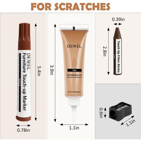 DIY Friendly Wood Repair Kit with 12 Color Fillers, 8 Color Markers, 8 Wax Sticks, including marker, filler, and sharpener.