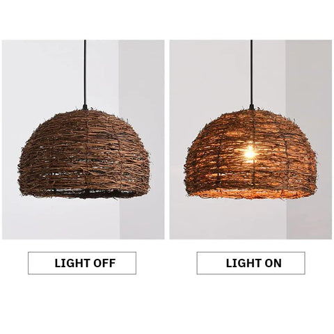 Cozy Vibe Rattan Pendant Light Fixture With Beach Wicker Dome Shade, Adjustable Cord, Natural Brown, Light On and Off