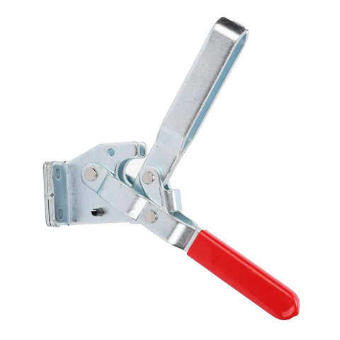 Vertical Quick Release Toggle Clamp With 450 Kg Holding Capacity For Woodworking Machine Assembly In Polished Galvanized Iron Body Built Tough For Industrial Clamping And Precise Component Positioning, red handle