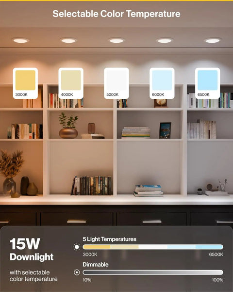 12 Pack 6 Inch LED Disk Lights Flush Mount Ceiling Downlights Recessed Can Lighting 1050 Lumens 15W Selectable CCT Display