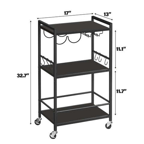 Mobile Bar Cart On Wheels For Home Use, Rolling Beverage Cart With Wine Rack And Glass Holder, Microwave Stand And Kitchen Island, Black Finish