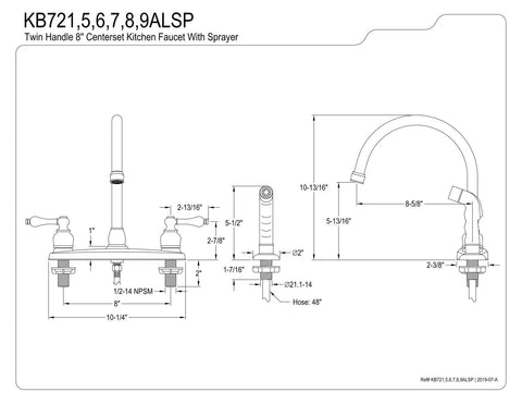 Technical drawing of Vintage Go To 8 Inch Centerset Kitchen Faucet With Sprayer In Antique Copper, dimensions and details shown