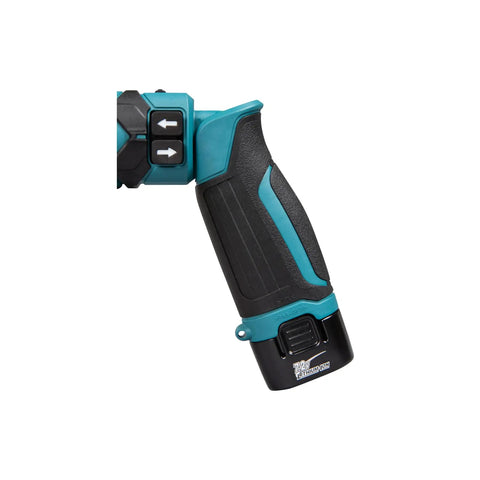 Close-up of the handle and controls on the Super Compact Cordless Pencil Drill Offering Slick Ratchet Action And 21 Position Torque Control Built Tough For Cramped Spaces And Weekend Repair Work Lightweight Body With Handy Led Lamp.