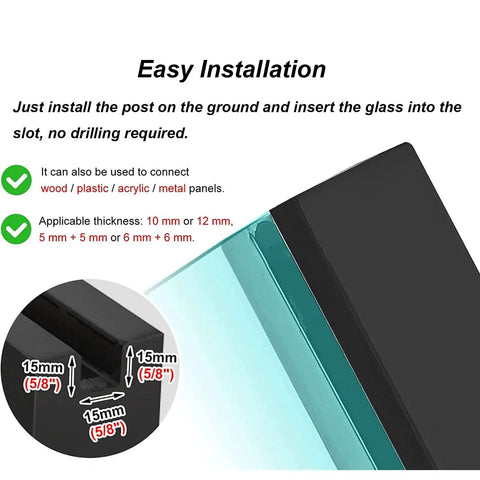 Sleek Matte Black Glass Railing Posts With Heavy Duty Stainless Steel Cores For Indoor Outdoor Decks Balconies And Pools showing easy glass installation details.