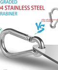Heavy Duty Flag Pole Rings For One Inch Poles With 360 Degree Swivel Clips and Foolproof Anti Wrap Design Keeps Yard Flags Spinning Smooth Without Knots Or Snags On Breezy Afternoons Secure Fit Pack Of Two Silver close-up of upgraded 304 stainless steel carabiner.