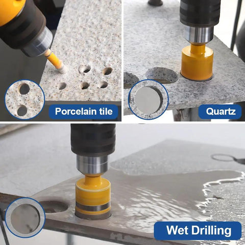 11 Pc Diamond Hole Saw Kit For Tile Porcelain Ceramic Granite Marble Drilling With Vacuum Dry Wet Brazed Core Bits in use