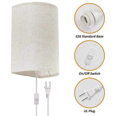 Plug In Wall Sconce Set of Two With 3 Color Modes Warm White Soft White Daylight White Industrial Vintage Vibe Wall Lights With On Off Switch For Bedroom Living Room Hallway Porch, beige linen shade, E26 standard base, on/off switch, UL plug