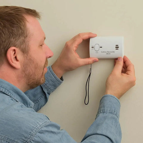 Person installing No Drill Wall Mount For Carbon Monoxide Alarms Battery Back Cover Included Upgrade With Lanyard Portable Design And Quick Release Bracket So Easy To Install No Drilling Alarms Not Included on wall.