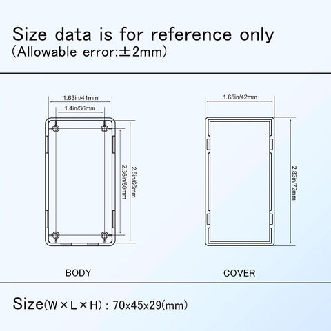 Technical diagram showing dimensions of 8 Pack Small ABS Plastic Project Box Electrical Enclosure For Power Electronics And Junction Wiring, DIY Friendly Black Compact Case External 2.76 By 1.77 By 1.14 Inches Durable Enclosures