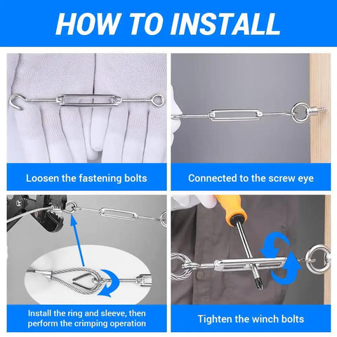 Installation guide for Heavy Duty M12 Galvanized Steel Turnbuckle Hook To Hook Rigging Connector Rust Proof Tension Adjuster.