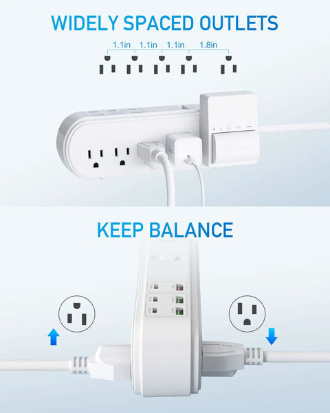 Side view of 16-In-1 Power Strip With 10 Wide-Spacing Outlets, 3 USB-C And 3 USB-A Ports, showing balance and spacing