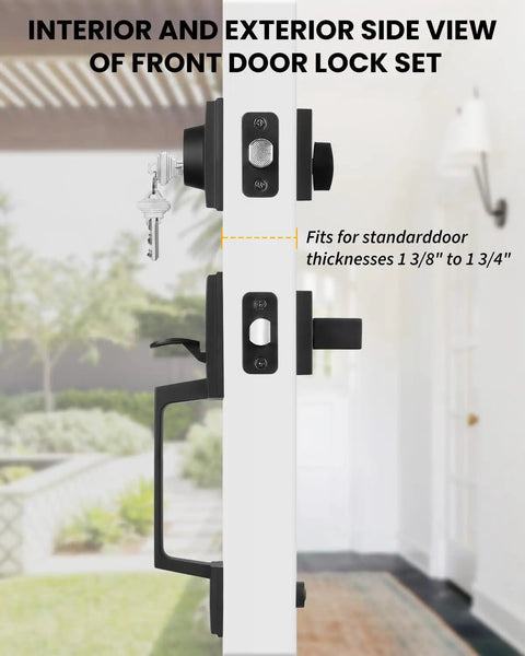 Interior and exterior view of front door handle and deadbolt set in black with reversible lever for a modern look and secure entry.