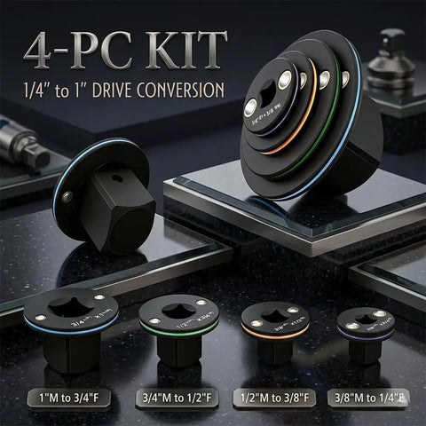 Low Profile Socket Adapter Set That Fits Tight Spooks Cr-Mo Steel Magnetic Ratchet Reducers Stackable Impact Drive Kit Sizes 1 To 3/4 And 3/8 To 1/4 Color Coded For Auto Repair And Garage Jobs. 4-piece adapters