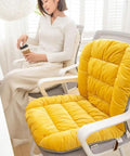 Yellow velvet desk chair cushion with removable cover, 35.4 by 19.7 inches, on home office chair for comfort and support.