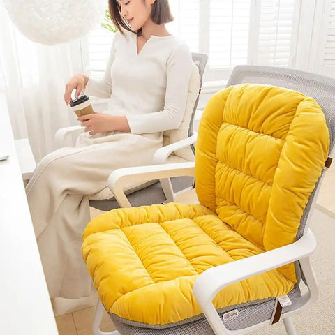 Yellow velvet desk chair cushion with removable cover, 35.4 by 19.7 inches, on home office chair for comfort and support.