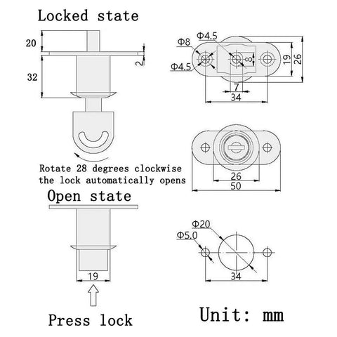Top Notch Zinc Alloy Push Plunger Cabinet Lock With 32 Mm Cylinder And 19 Mm Diameter For Sliding Drawers Keyed Alike technical diagram