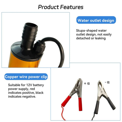 DC 12V 80W Submersible Water Pump for Diesel Oil and Fuel Transfer featuring water outlet and copper wire power clips