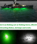 Boat on water with 10 Pack Deep Drop LED Fishing Lights With Automatic Flashing Underwater Attractant, green glow attracting fish.