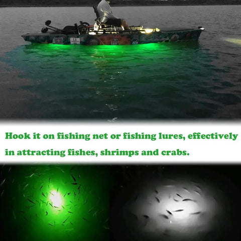 Boat on water with 10 Pack Deep Drop LED Fishing Lights With Automatic Flashing Underwater Attractant, green glow attracting fish.