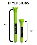 Neon Lime Golf Tees Set With 60 Driver Tees And 15 Short Tees, size dimensions showing 3.3 inch and 2.1 inch bamboo tees