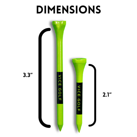 Neon Lime Golf Tees Set With 60 Driver Tees And 15 Short Tees, size dimensions showing 3.3 inch and 2.1 inch bamboo tees