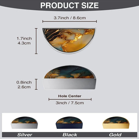 Two Pack Gold And Teal Fluid Art Cabinet Pulls size guide, 3-inch hole center, brushed nickel semircircle, marble inspired pattern.