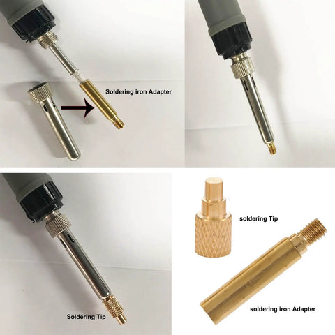 Seven Piece Heat Set Insert Tips Kit For Soldering Iron With Adapter, 900M T18 ST Series, showing adapter and brass tips