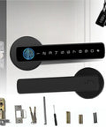 Rock Solid 5 In 1 Fingerprint Smart Lock With Keyless Deadbolt Setup showcasing digital keypad and key components.