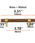 Diagram of 5.51 Inch Brass Walnut Cabinet Pulls Set With Screws dimensions, showing 96mm center-to-center mounting, 12 pack.