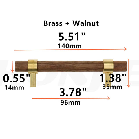 Diagram of 5.51 Inch Brass Walnut Cabinet Pulls Set With Screws dimensions, showing 96mm center-to-center mounting, 12 pack.