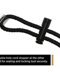 Close-up of shock absorbing tool lanyard with adjustable loop and double-hole cord stopper for securing tools.