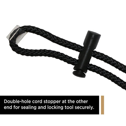 Close-up of shock absorbing tool lanyard with adjustable loop and double-hole cord stopper for securing tools.