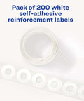 Self-Adhesive 3 Hole Reinforcement Labels For One Quarter Inch Holes White Non Printable Stickers That Actually Hold Up Durable Poly Vinyl Paper Lifesaver Keeps Your Punched Pages Clean And Strong 200 Labels, roll of labels
