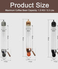 Wall Mount Coffee Bean Dispenser Featuring Adjustable Portion Control size chart showing dimensions and capacity of stainless steel jars.