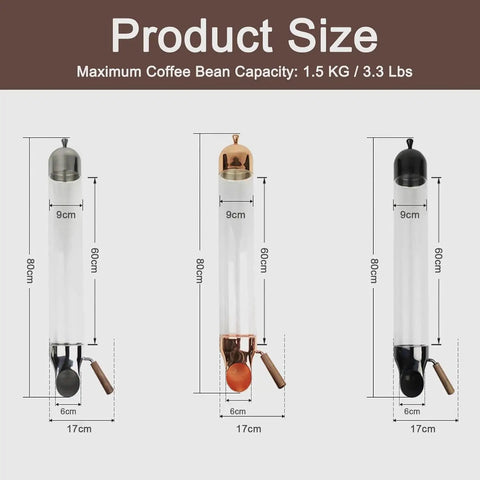 Wall Mount Coffee Bean Dispenser Featuring Adjustable Portion Control size chart showing dimensions and capacity of stainless steel jars.