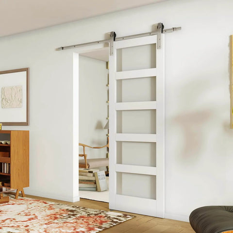 Installed 6Ft Sliding Barn Door Hardware Kit With Satin Nickel Track And Rollers, Stainless Steel, for 30 Inch Wide Door Panel
