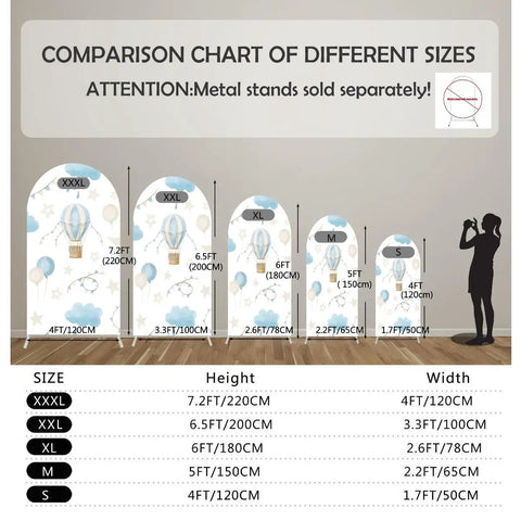 Comparison chart of Spandex Arch Backdrop Cover sizes with blue hot air balloon theme, showing dimensions from 7.2ft to 1.7ft.