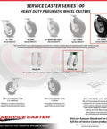 Heavy Duty 12 Inch Pneumatic Casters Set Of 4 With Black Rubber Air Filled Tires, shown in diagram with specifications for use.