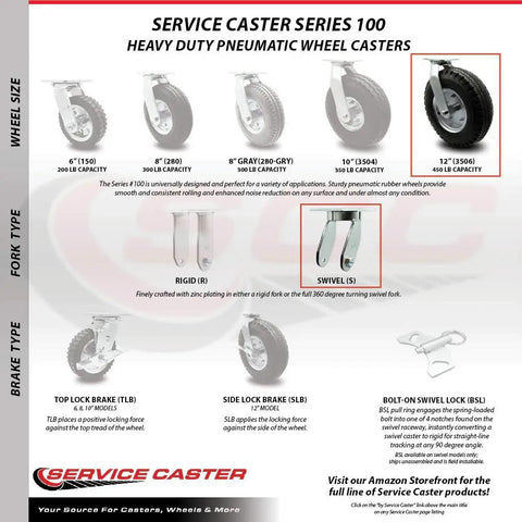 Heavy Duty 12 Inch Pneumatic Casters Set Of 4 With Black Rubber Air Filled Tires, shown in diagram with specifications for use.