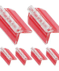 Six Pack Acrylic Self Adhesive Cabinet Door Folding Hinges for DIY Projects, shown in clear plastic with red backdrop.