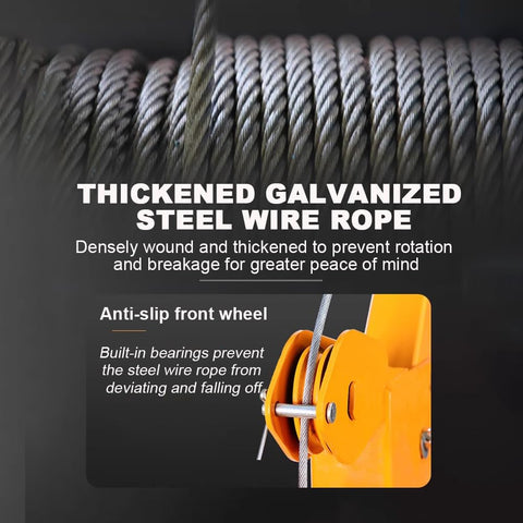 Thickened galvanized steel wire rope on high-capacity crane, featuring anti-slip front wheel for safety and stability.