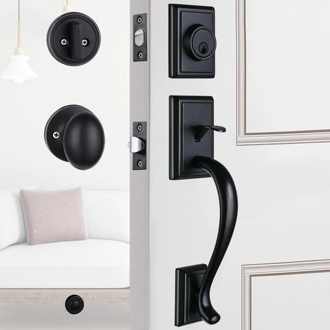 Matte Black Front Door Handle Set With Deadbolt And Keyed Entry For Exterior Doors, Reversible, Adjustable Hole Spacing