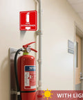 Fire Extinguisher Sign With Down Arrow Glow In The Dark Acrylic 6 By 6 Inches 4 Pack With 2 Pre Drilled Holes And Screws installed in hallway.