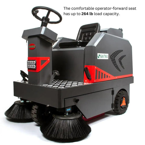 Ready To Roll Ride On Industrial Floor Sweeper Packaged With Long Life Lithium Battery And Grip Tight Solid Tires for easy trash collection.