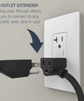 Radiant Furniture Power Center with USB and Recessed Power Strip in wall, showcasing outlet extender function, black plug.