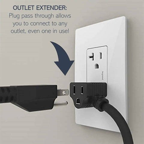 Radiant Furniture Power Center with USB and Recessed Power Strip in wall, showcasing outlet extender function, black plug.