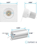 Trimless 3 Inch Led Recessed Ceiling Lights Featuring A Seamless Plaster Edge, dimensions include 3" cutout and 5.07" square face.